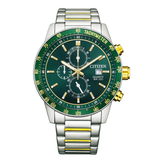 Citizen watch with green dial and silver and gold accents on a white background