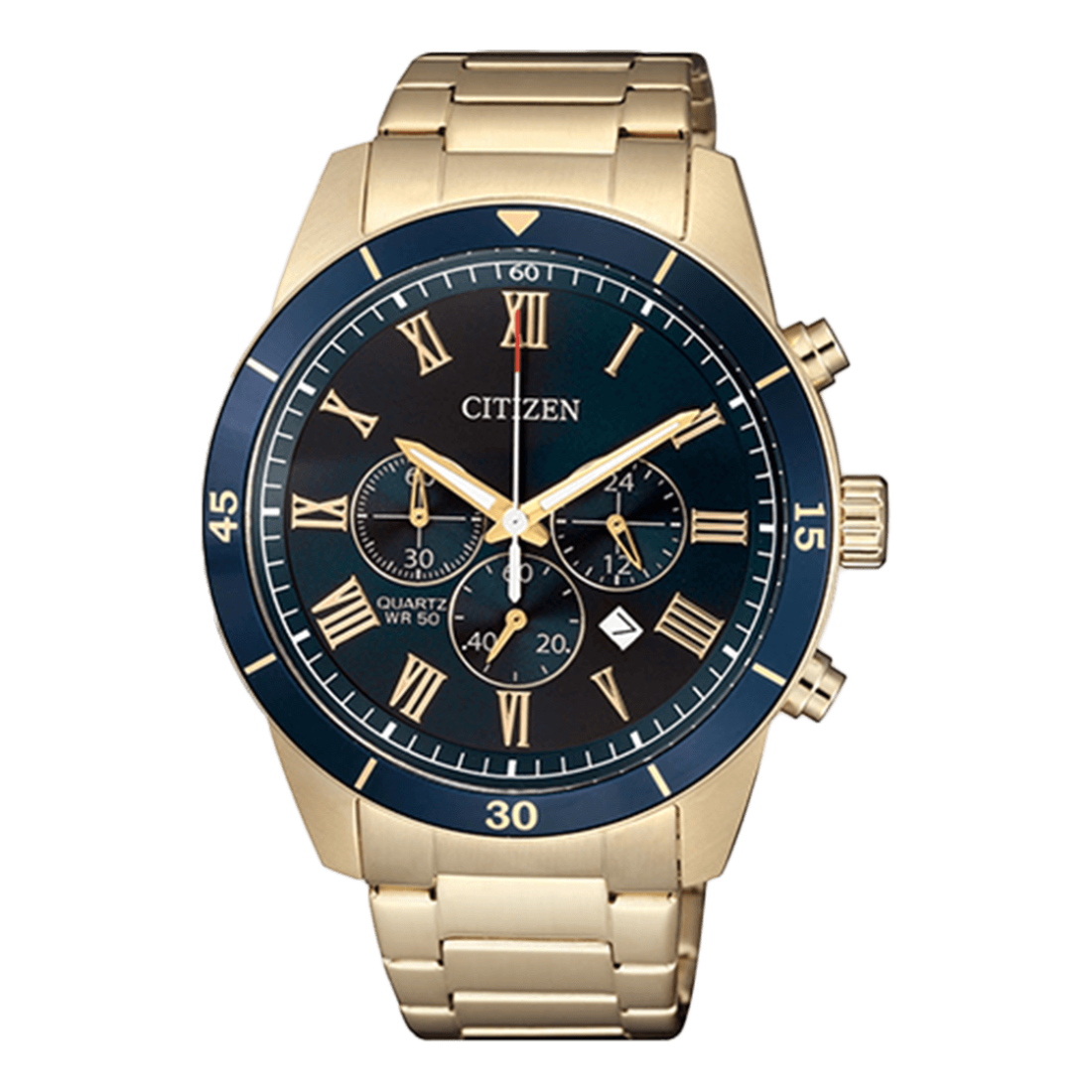 Gold wristwatch with a blue dial on a white background
