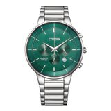 Citizen quartz watch with a green dial and a silver stainless steel link bracelet, shown against a plain white background.