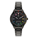 Adidas watch with black face and colorful hour markers on a white background