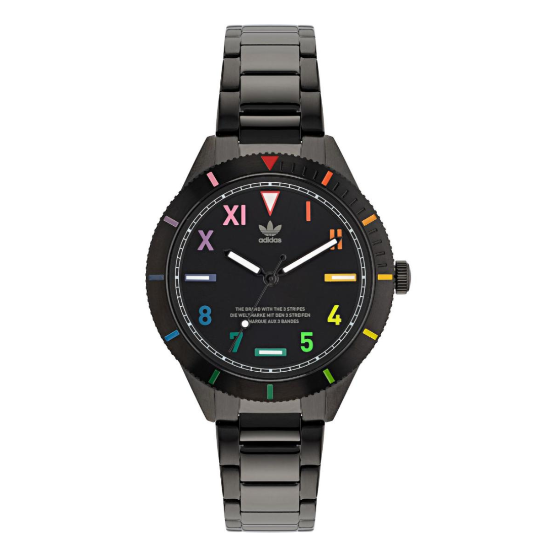 Adidas watch with black face and colorful hour markers on a white background