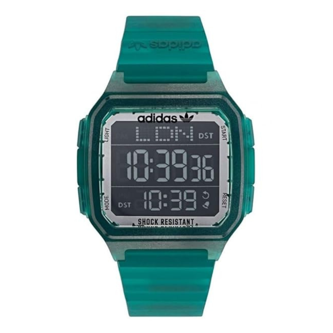Teal Adidas digital watch on a white background