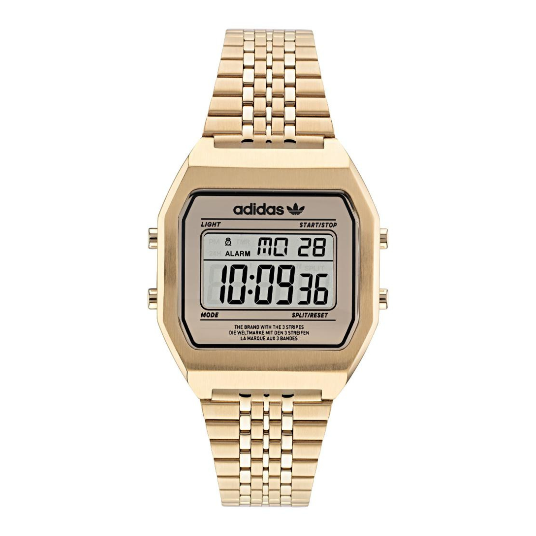 An Adidas digital watch with a gold-tone metal case and link bracelet, featuring a black rectangular face with white digital display.