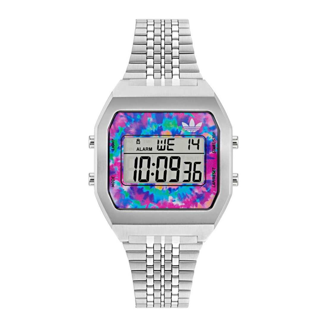 Adidas Originals digital watch with a silver stainless steel case and link bracelet, featuring a colorful tie-dye face insert with the Adidas trefoil logo.