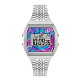 Adidas Originals digital watch with a silver stainless steel case and link bracelet, featuring a colorful tie-dye face insert with the Adidas trefoil logo.