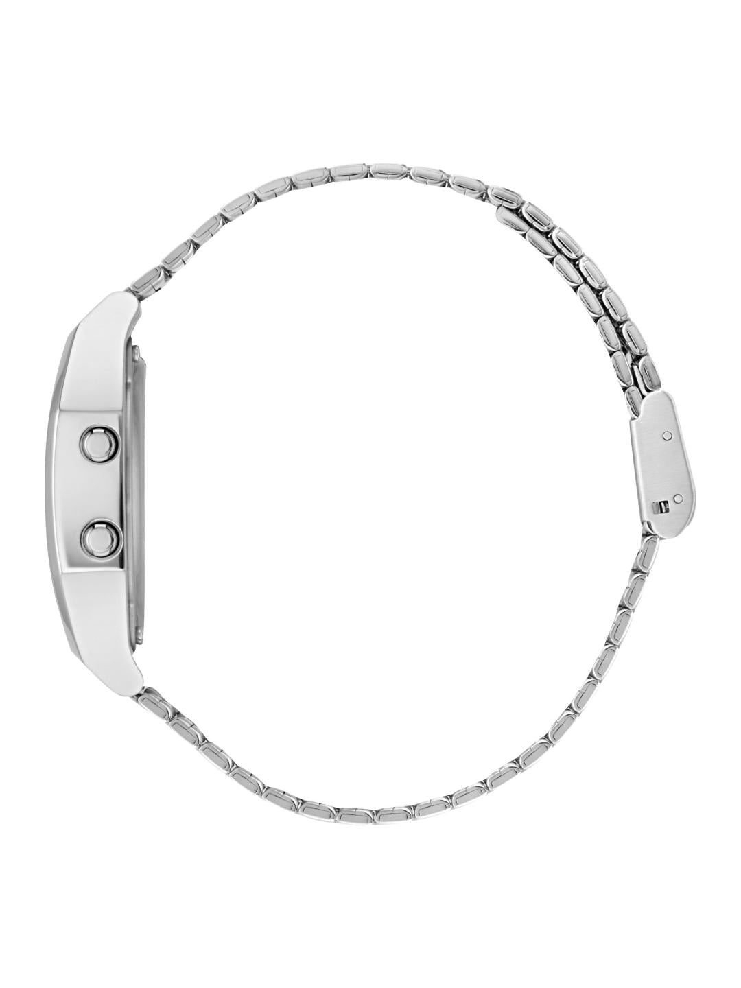 Silver stainless steel smartwatch with a matching metal link band, shown from the side on a plain white background.