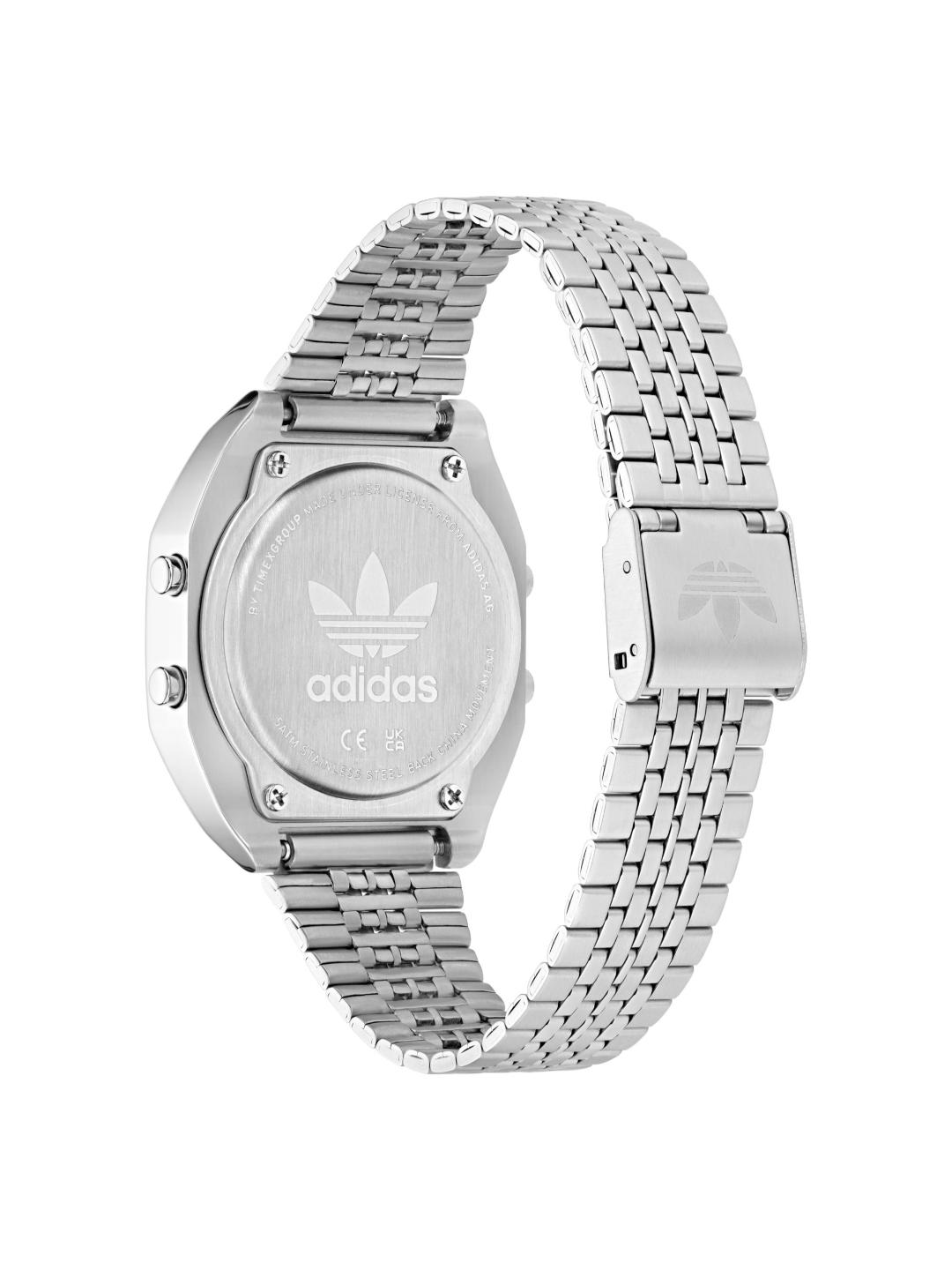 Silver stainless steel watch with a metal link band, shown from the back to reveal the branded case back and clasp on a white background.