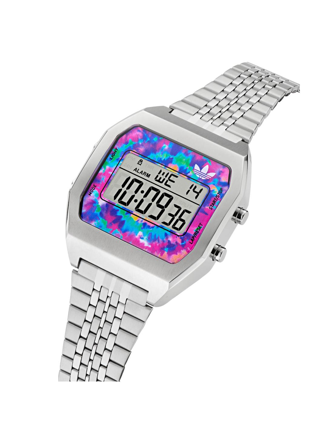 A silver-tone digital watch with a colorful tie-dye patterned face and a matching metal link bracelet, shown on a plain white background.