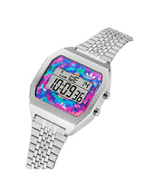 A silver-tone digital watch with a colorful tie-dye patterned face and a matching metal link bracelet, shown on a plain white background.