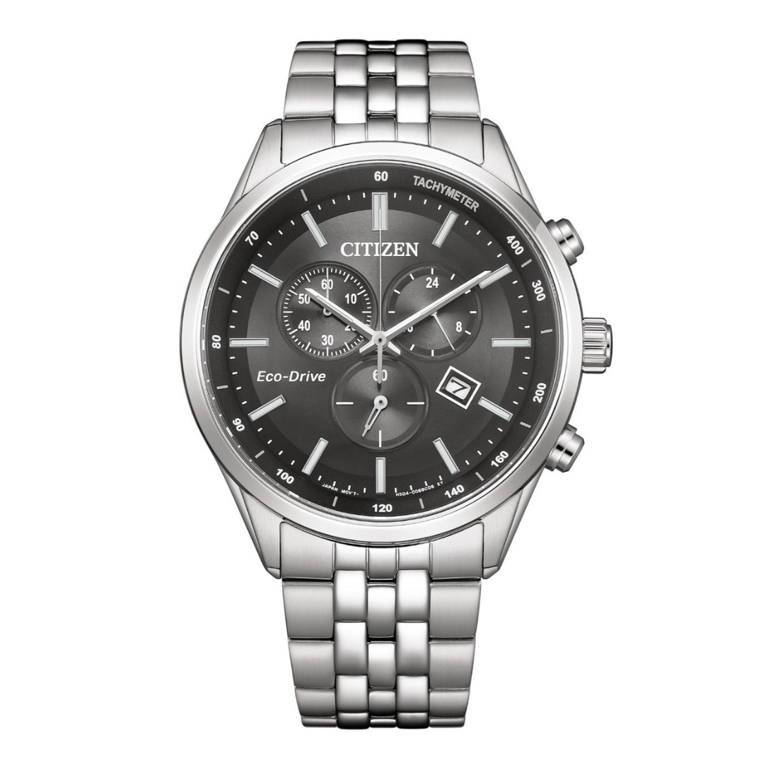 Citizen Eco-Drive stainless steel watch with a silver-tone metal link bracelet, a round silver case, and a dark gray dial with three subdials and a date window.
