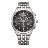 Citizen Eco-Drive stainless steel watch with a silver-tone metal link bracelet, a round silver case, and a dark gray dial with three subdials and a date window.