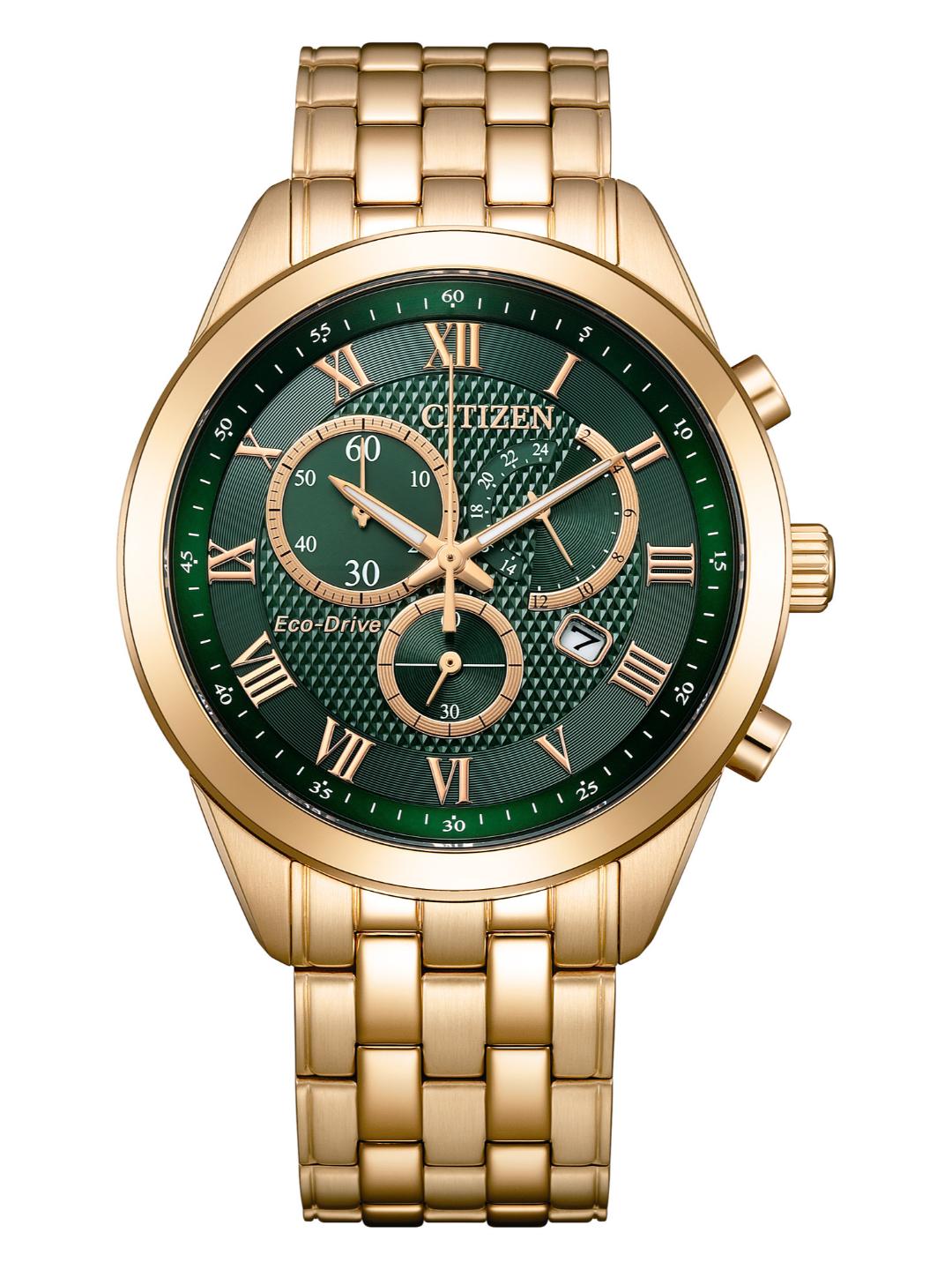 Men Quartz Eco-Drive Green Dial Chronograph Stainless Steel Watch AT2603-59X