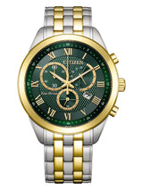 Eco-drive Men Quartz Green Dial Chronograph Stainless Steel Watch AT2604-56X