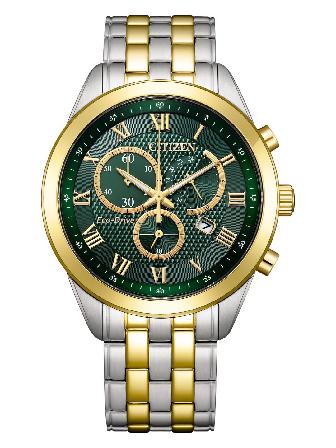 Eco-drive Men Quartz Green Dial Chronograph Stainless Steel Watch AT2604-56X
