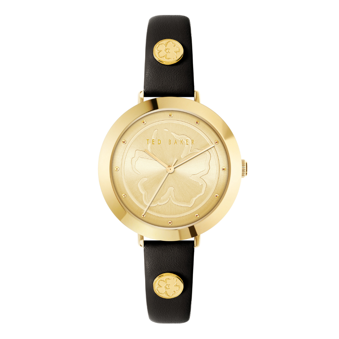 Gold watch with black leather strap on a white background