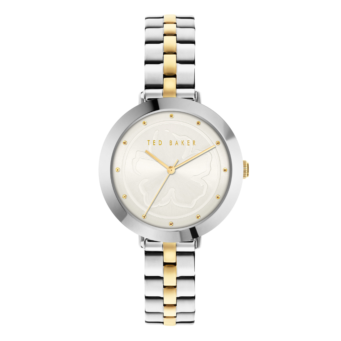 Two-tone silver and gold watch with a white face on a white background, brand 'Ted Baker' visible.