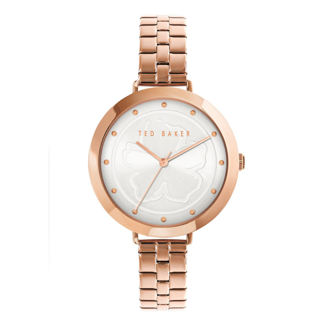 Rose gold watch with white face on a white background, Ted Baker brand visible