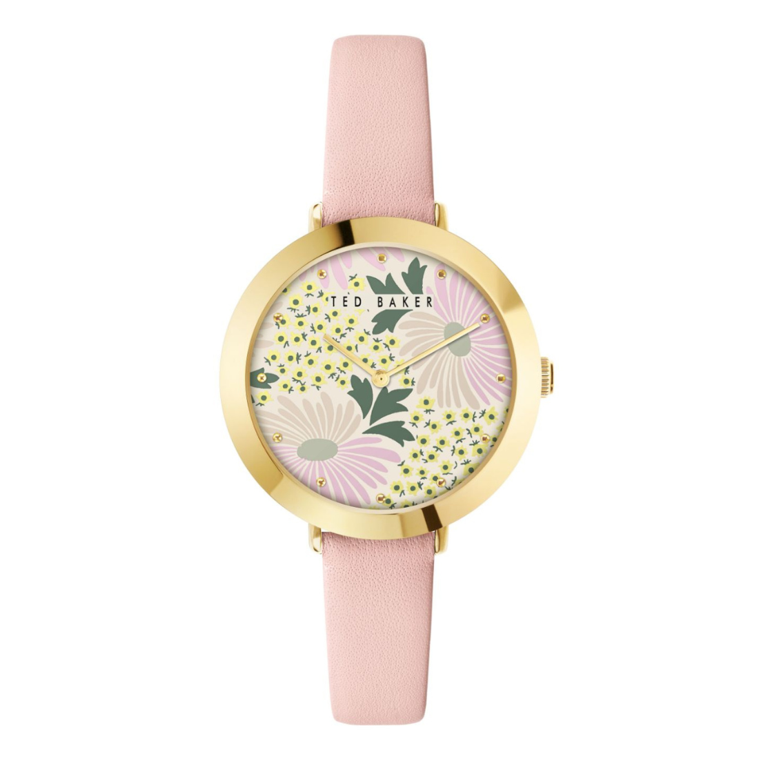 Ted Baker watch with floral face and pink strap on white background