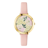Ted Baker watch with floral face and pink strap on white background