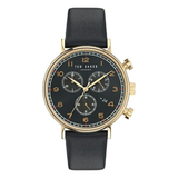 Ted Baker watch with black strap and gold case on white background