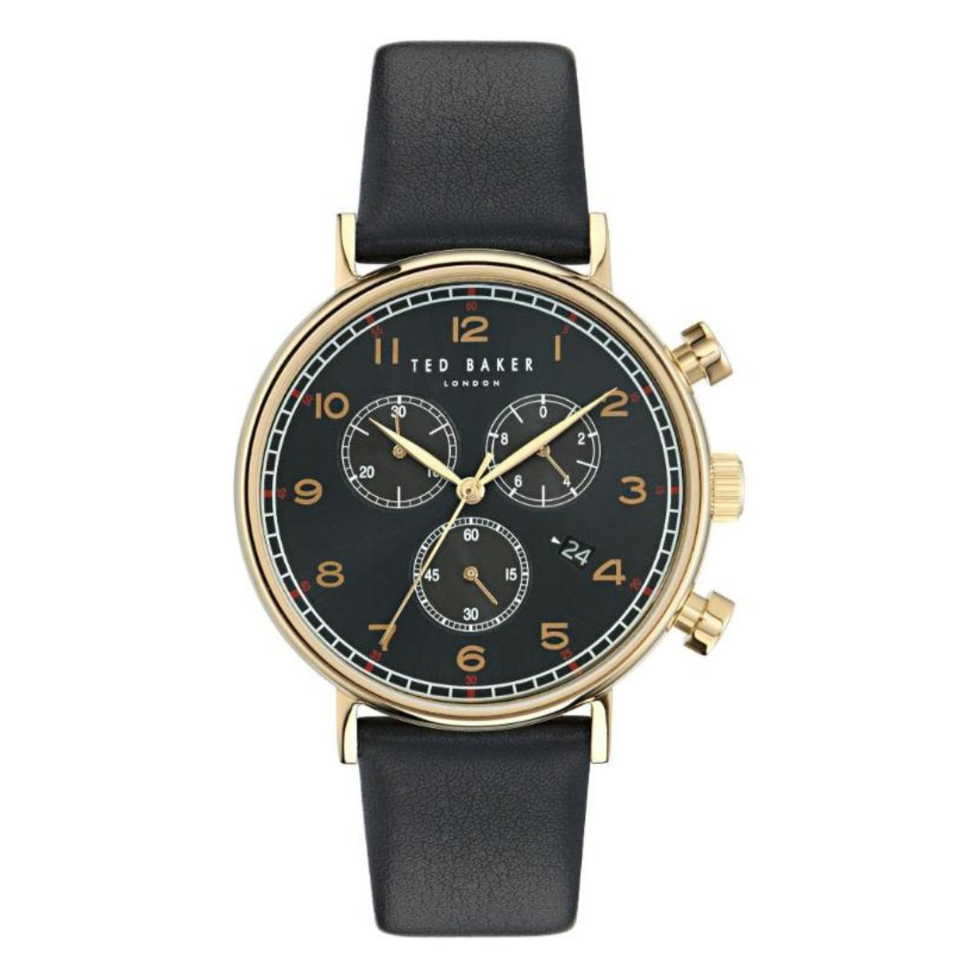Ted Baker watch with black strap and gold case on white background