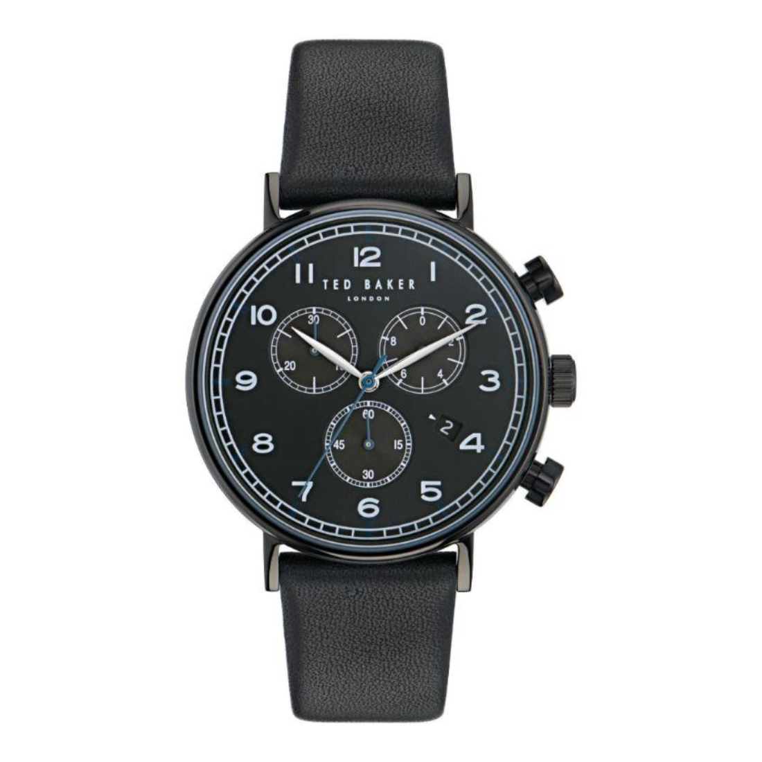 Black Ted Baker watch with a leather strap on a white background