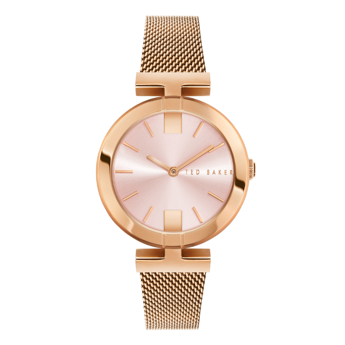 Rose gold watch with a mesh band on a white background