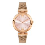 Rose gold watch with a mesh band on a white background