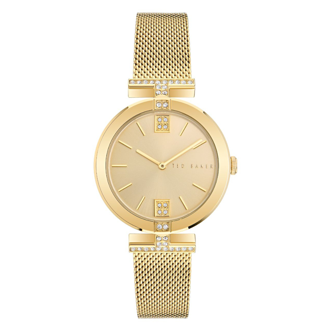 Gold watch with mesh band on a white background