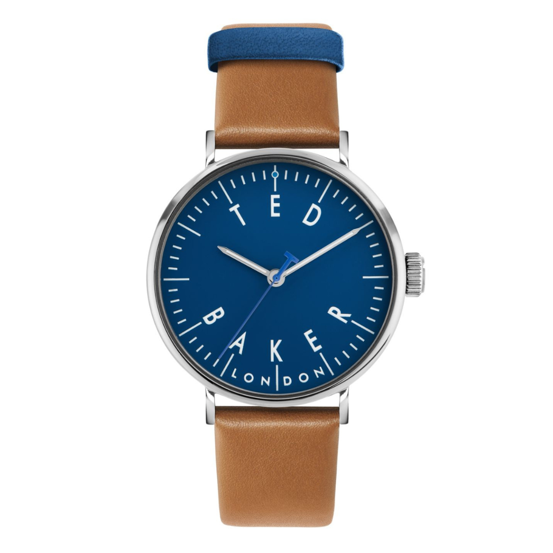 Watch with blue dial and brown leather strap on a white background
