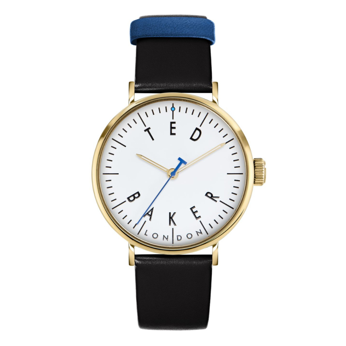 Watch with black strap and gold case on a white background