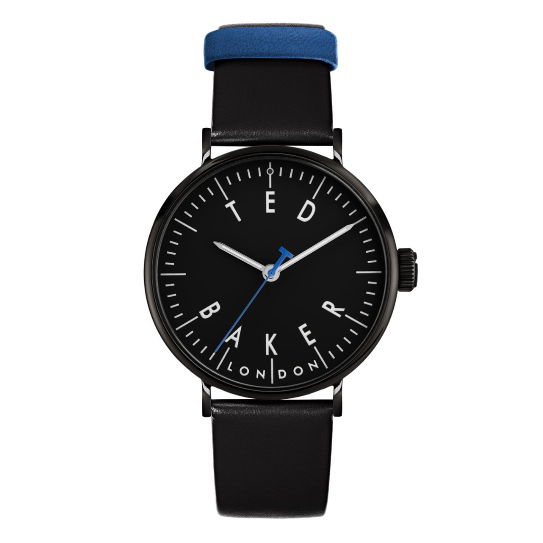 Black watch with blue accents on a white background