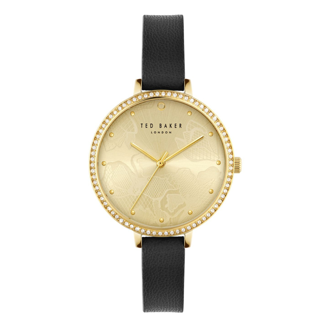 Gold watch with black strap on a white background