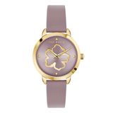 Ted Baker watch with gold case and pink strap on a white background