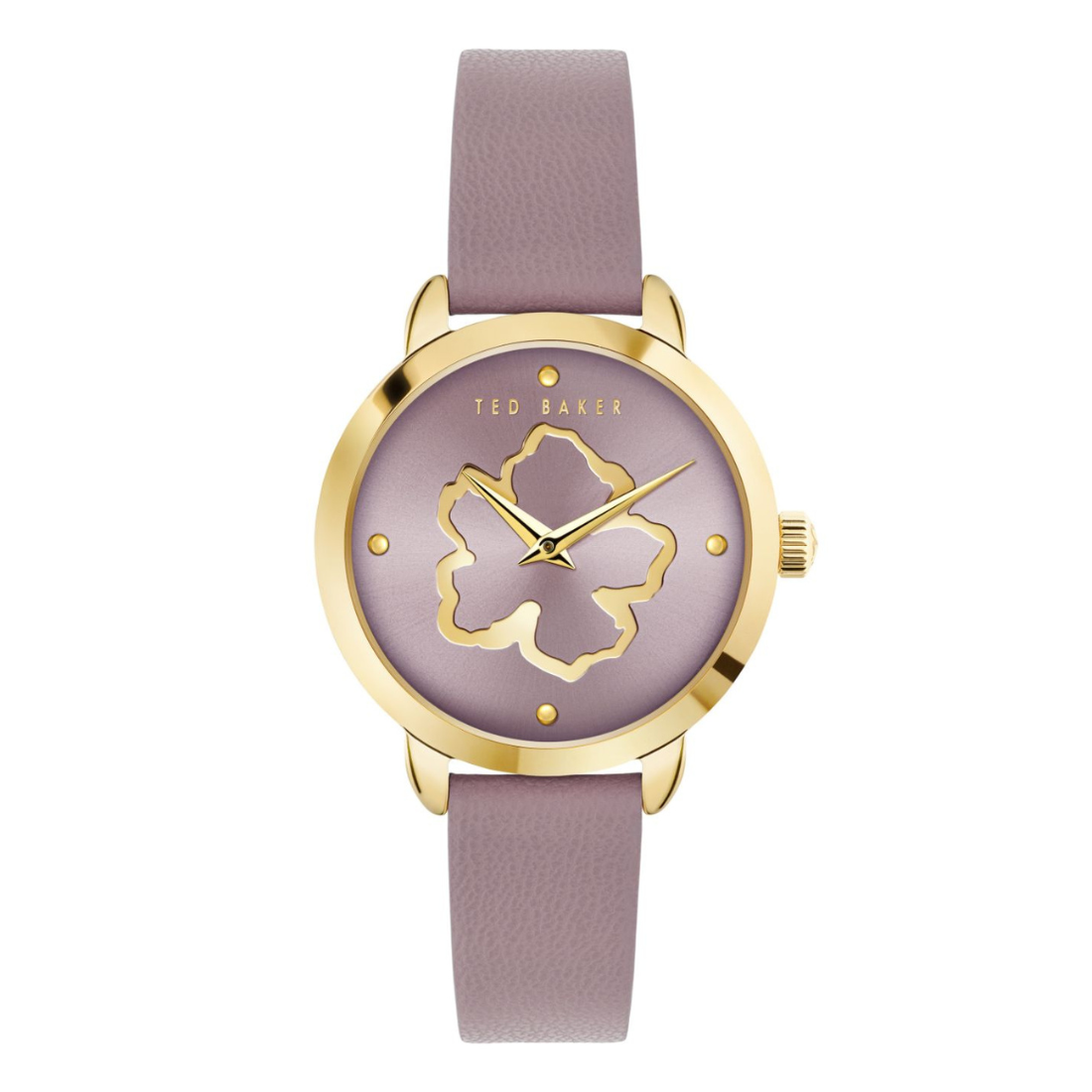 Ted Baker watch with gold case and pink strap on a white background