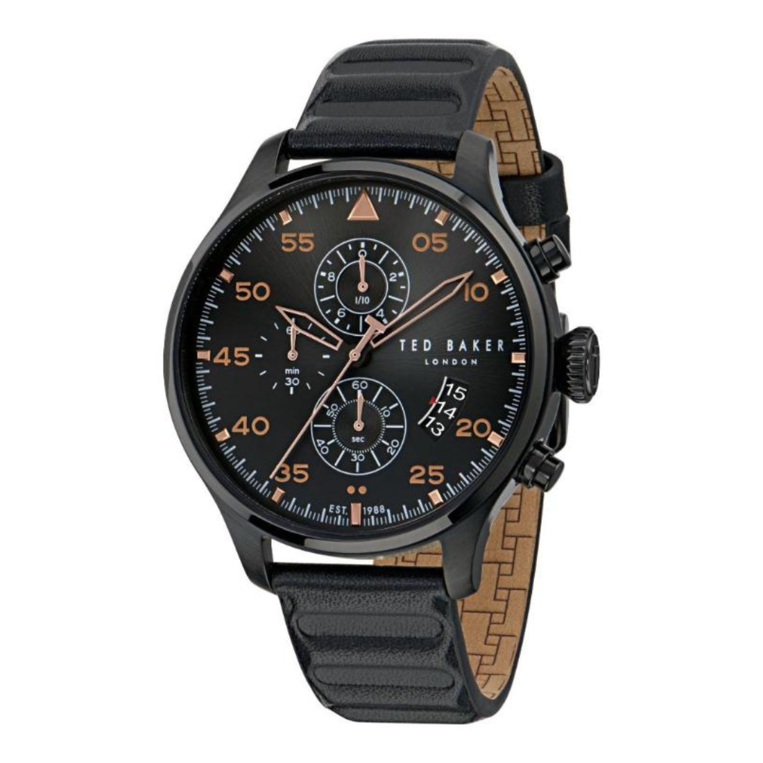 Ted Baker watch with black strap and detailed face on a white background