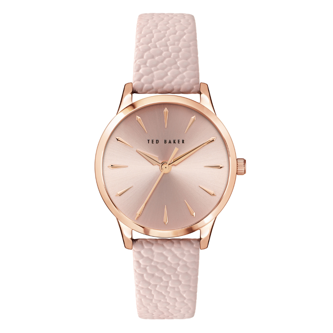 Wristwatch with pink strap and rose gold case on white background