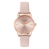Wristwatch with pink strap and rose gold case on white background