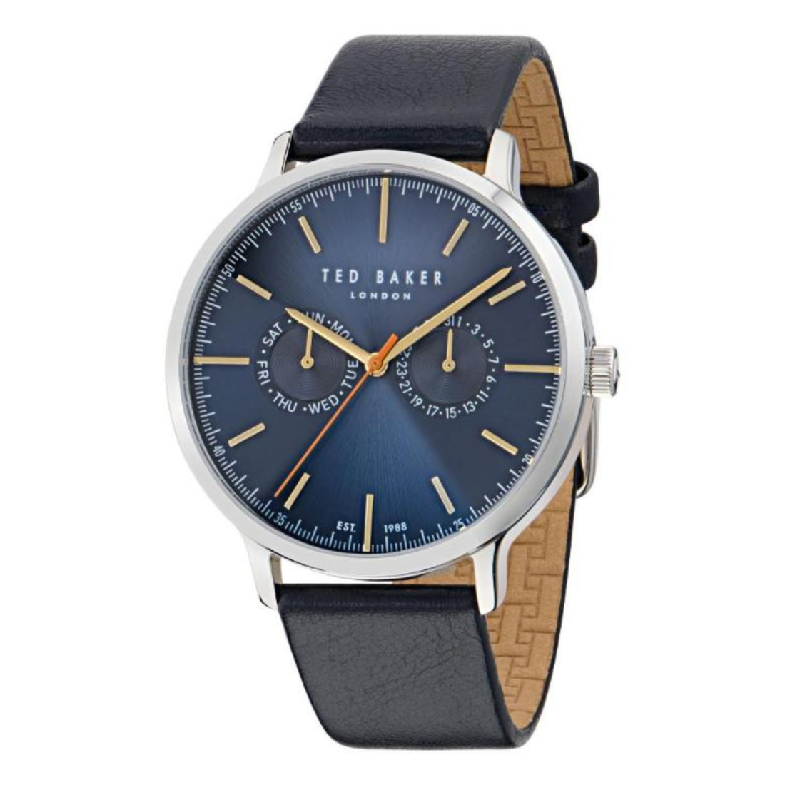 Ted Baker men’s chronograph wrist watch with a 42 mm round blue dial, rose gold-tone numeral markers, three subdials, angled date window, silver and rose gold case, and blue genuine leather strap displayed on a white background.