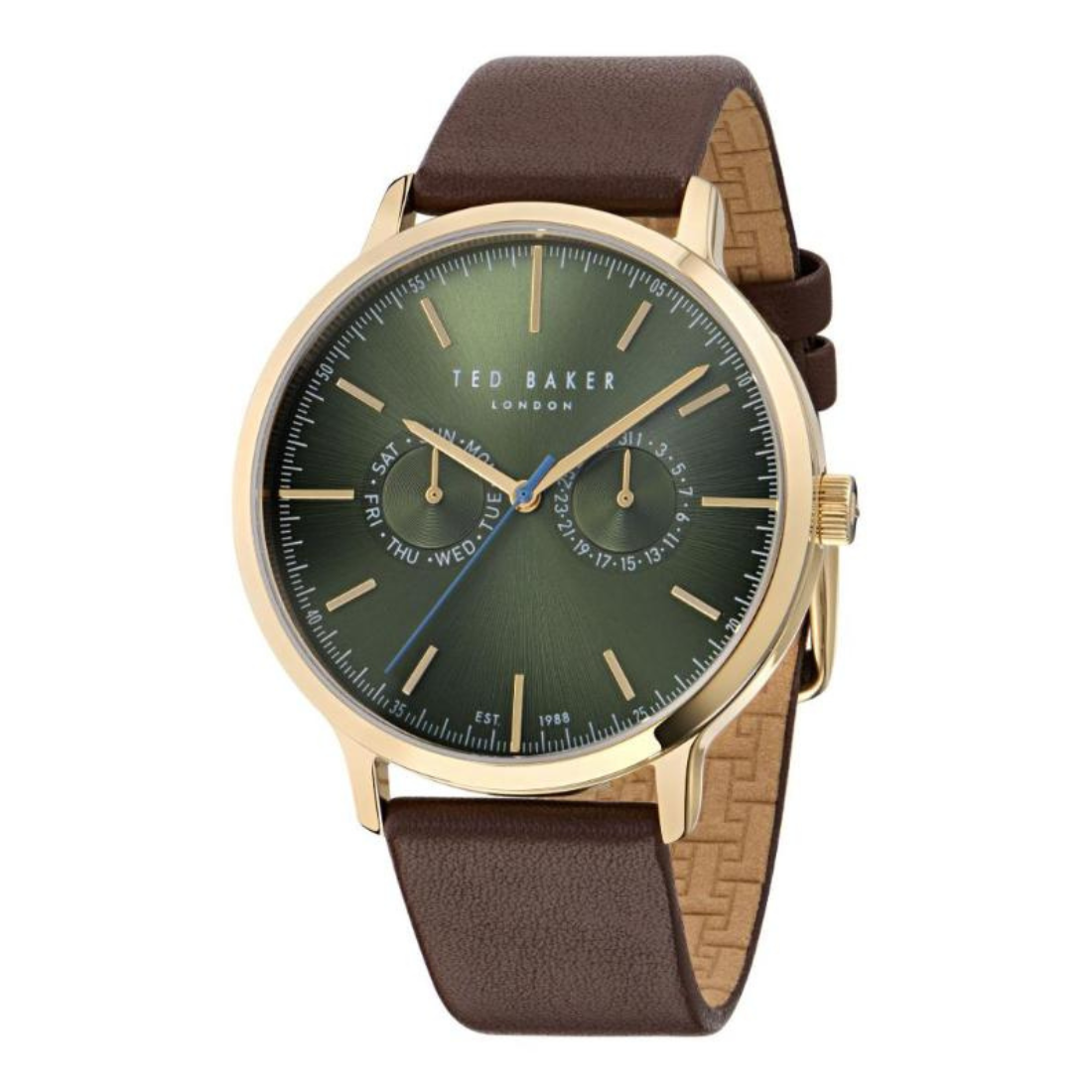Ted Baker watch with green dial and brown leather strap on a white background