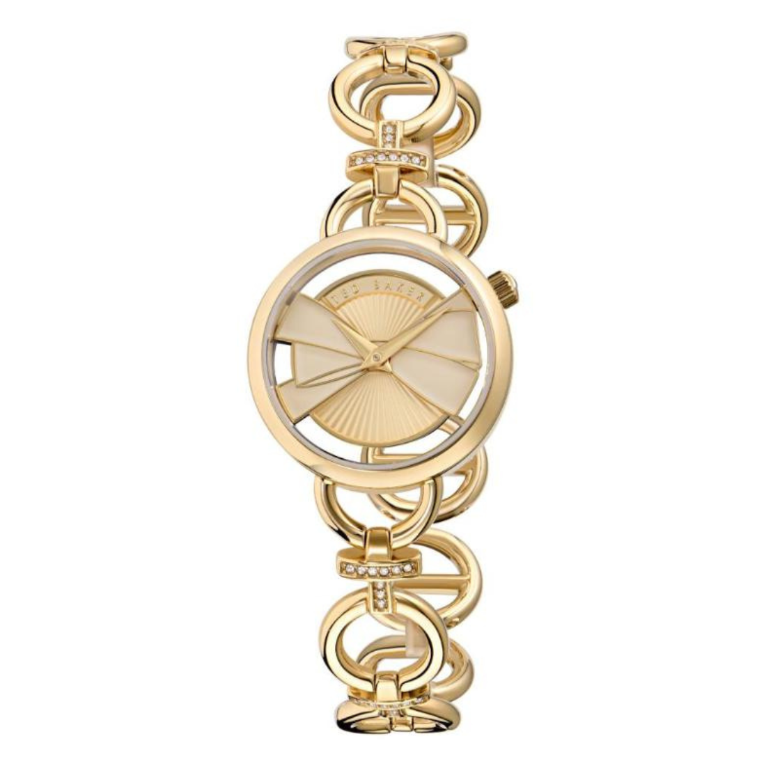Gold chain-link watch on a white background
