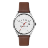 Ted Baker watch with brown strap and white face on a white background