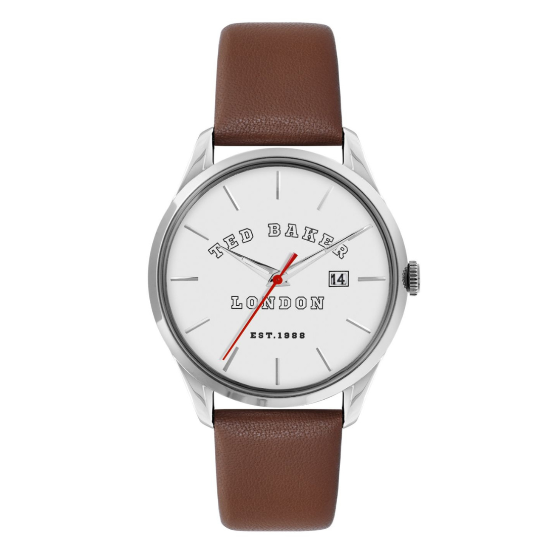 Ted Baker watch with brown strap and white face on a white background