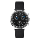 Black watch with a black strap on a white background