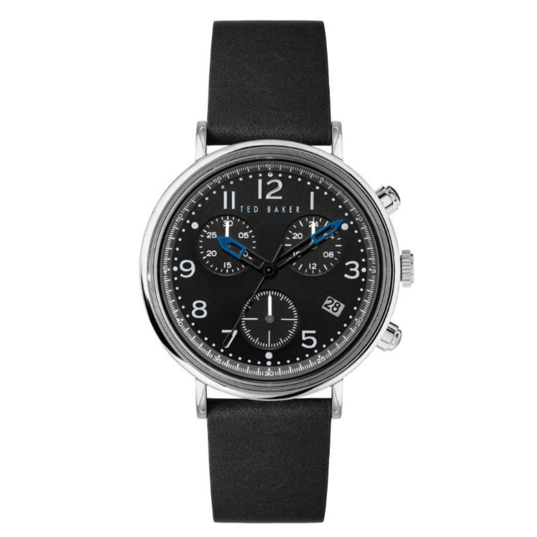 Black watch with a black strap on a white background