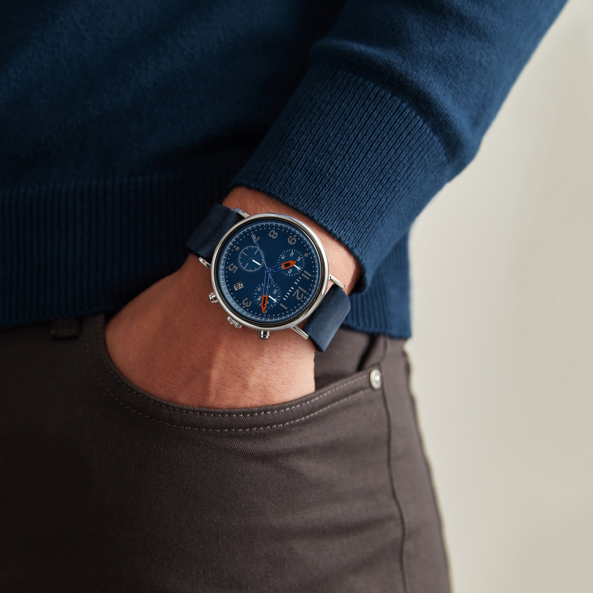 Ted Baker Men 41 mm Quartz Chronograph Analog Blue Dial Blue Leather Strap Watch BKPMMF127