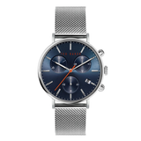 Silver watch with a blue face on a white background