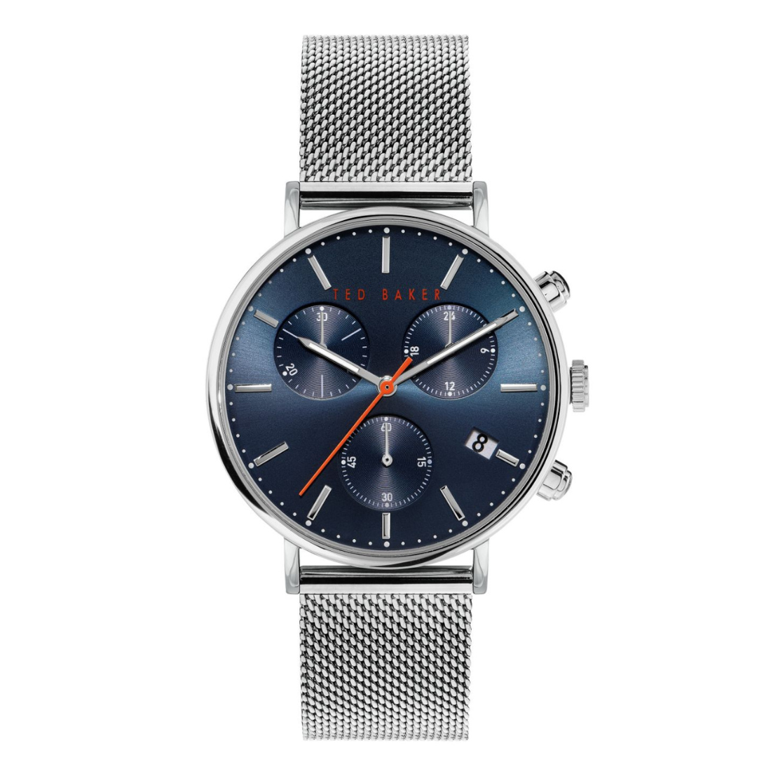 Silver watch with a blue face on a white background