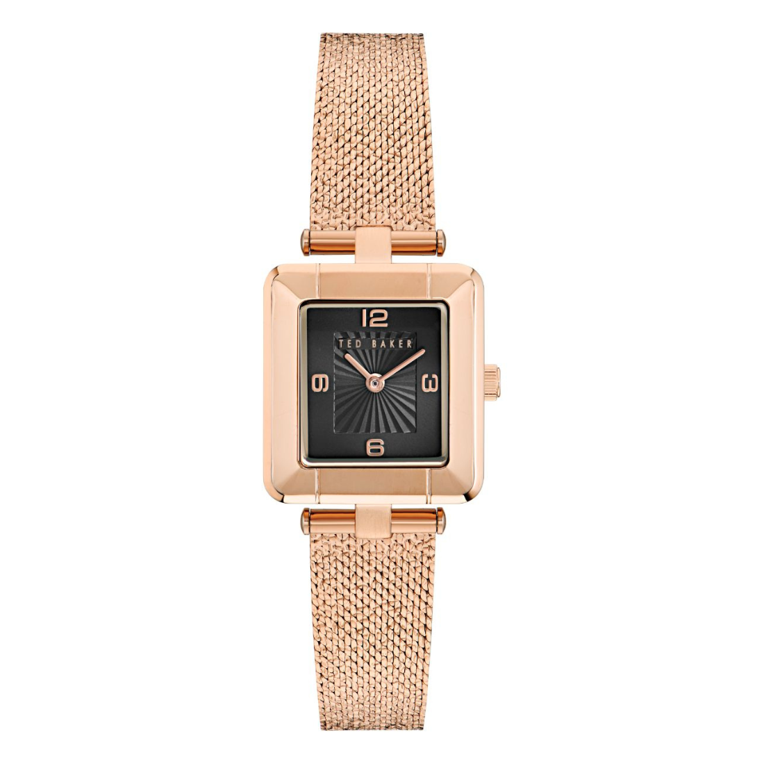 Rose gold watch with a square face on a white background