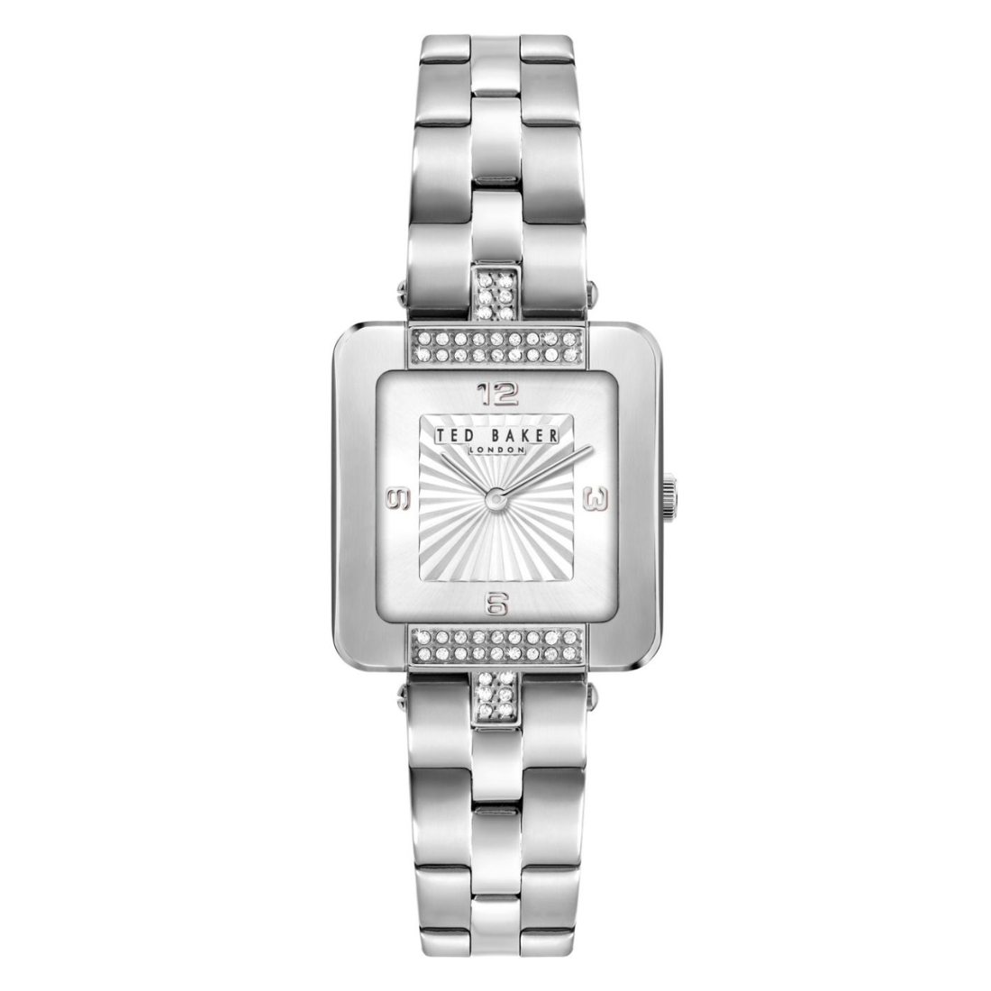 Silver watch with a rectangular face on a white background